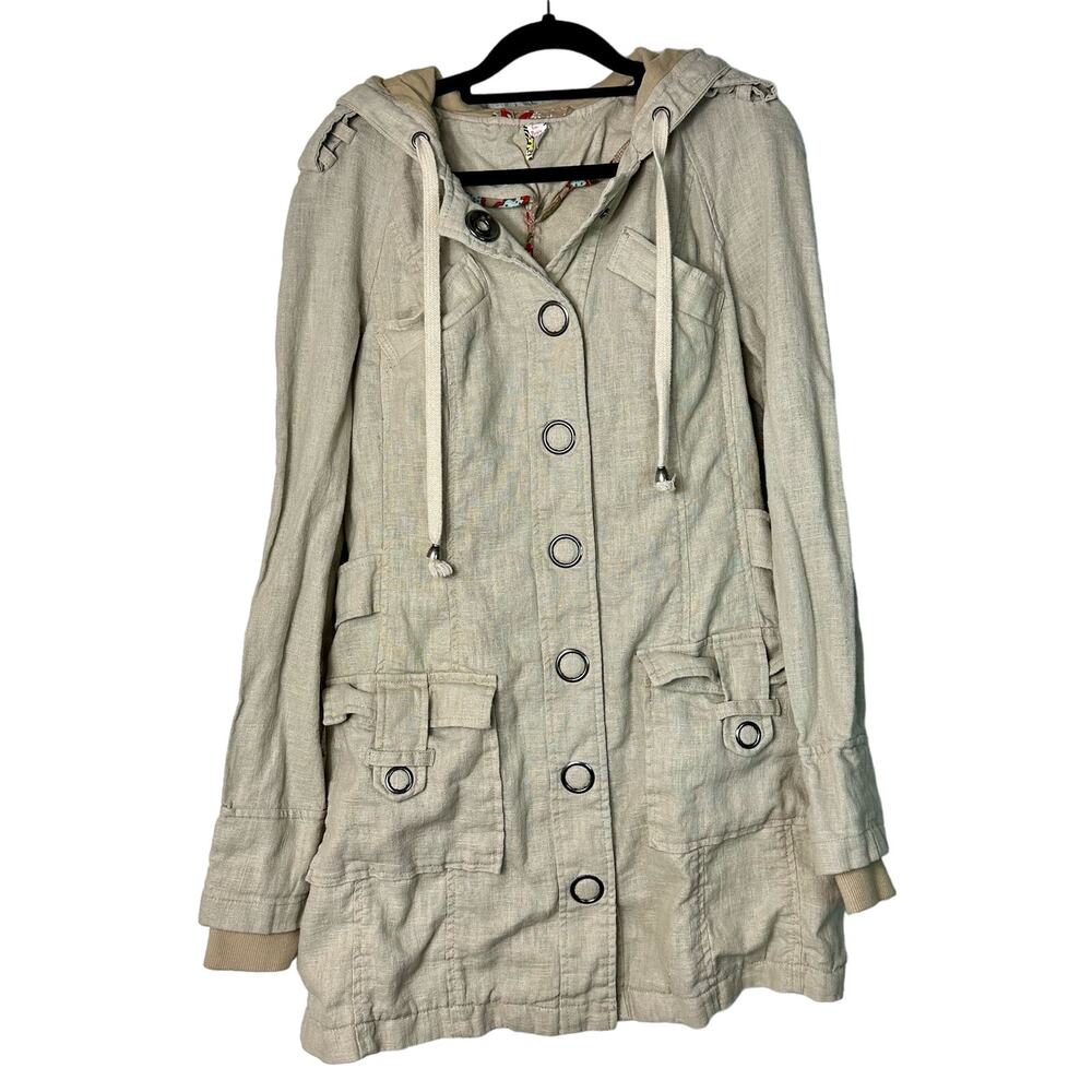 Free People Tan Jacket Y2K Hooded 100% Ramie Anorak Parka Snap Beige 12